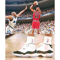 波神於1995年5月季後賽上，穿上Air Jordan 11 Concord應戰。圖中顯示左腳外側的Jumpman Logo飛向鞋頭，而鞋踭上的號碼是「45」。