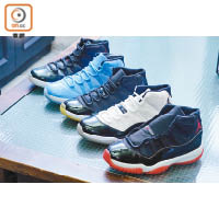 圖中為Billy的Air Jordan 11不同配色珍藏，推出年份分別為2015年、2014年、1995年、2018年及1996年（上至下）。