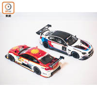 1:18 BMW M4 DTM, Team Shell及M6 GT3<br>分別以DTM德國房車大師賽2016賽季，由巴西車手法夫斯駕駛的18號M4 DTM戰車（左）及自2016年起取代Z4 GT3征戰GT賽的M6 GT3（右）打造，像真度極高。售價：$1,260/各