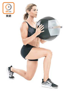 利用軟式藥球（Wall Ball）做出高舉、投擲、接球、平衡等動作，有助訓練整體肌肉爆發力、柔韌性及協調性。（互聯網圖片）