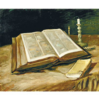 《靜物與聖經》（1885）是梵高為紀念去世的父親而作，反映父親的信仰。（互聯網圖片）