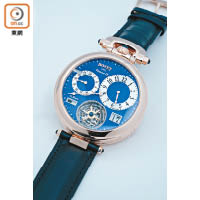 Tourbillon Amadéo Fleurier Virtuoso IX腕錶備有兩地時間顯示及雙面飛行陀飛輪，設有專利球形上鏈系統，藍色亮漆及珐琅錶盤。此錶更可變換成懷錶及座枱鐘。<br>$194.4萬