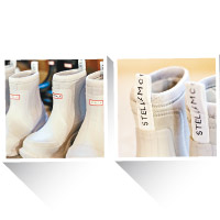 靴款正面原本的「HUNTER」字樣換成「STELLA」，靴筒亦有印上「STELLA McCARTNEY」字樣的織帶拉環。