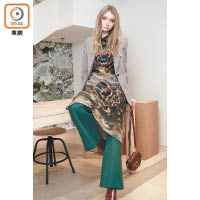 Claudie Pierlot<br>卡其色格仔西裝褸 $3,845<br>黑色油畫圖案連身裙 $4,090<br>All from（B）<br>Sandro<br>綠色喇叭褲 $2,345<br>啡色漆皮手袋 $3,145<br>All from（A）