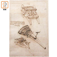 這些仔細描畫的火炮機械設計圖完成於1480至1482年，是最早收錄於《大西洋古抄本》的設計圖，展示了達文西對武器的興趣。
