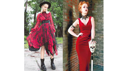 除了兼具華麗和古典味的暗黑系哥德式時裝，近似血紅的暗紅色裝扮亦很切合萬聖節的氛圍。