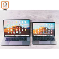 16吋MacBook Pro（左）的屏幕比13吋MacBook Pro（右）大上許多，視野更廣闊。