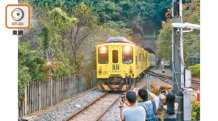 眼見黃黚黚的國立集集美術館列車徐徐駛進月台，乘客都爭相打卡。