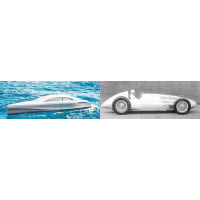 頂級豪華遊艇Arrow 460 Granturismo（左）、Mercedes-Benz三十年代車款Silver Arrow（右）