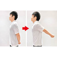 動作3<br>1. 站立，雙手放於臀部，十指緊扣。<br>2. 雙肩緩緩往後壓，雙臂往上伸展，直至有拉扯感為止。<br>備註：上述動作維持10至15秒；初次做可先重複5次，之後可加至10次。