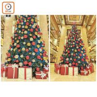 用廣角鏡頭只能影到聖誕樹一部分（左）；改用超廣角鏡頭（右）就影得晒全棵聖誕樹。
