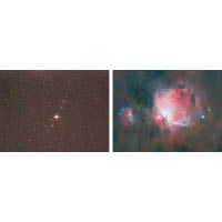 2009年Vincent在貝澳首次影星（左），以單反拍攝M42獵戶座大星雲。2020年器材及技術提升（右），再次拍攝同一星雲，感覺截然不同。