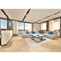 客廳空間寬敞，並融入大量木系元素，讓賓客可舒適地聊天。