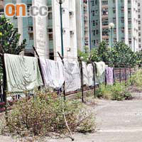 天逸邨旁一幅政府土地圍網被用來晾曬棉被，有礙觀瞻。