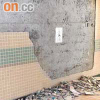 梨木樹邨管理公司只派員將剝落牆磚「掃埋一邊」。	（讀者提供圖片）