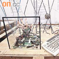 展覽內有多件由電腦廢物，如電腦接駁線、鍵盤等製成的藝術品。