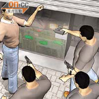 三賊分持兩手槍一電槍，在門口指嚇打劫足浴店東主。東主反抗遭賊人以電槍電擊。