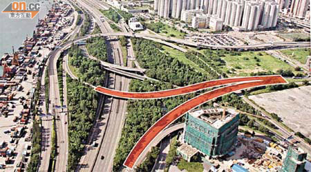 港鐵擬拆卸兩條連接西區海底隧道、西九龍公路至海泓道與翱翔道的天橋（紅色部分）。