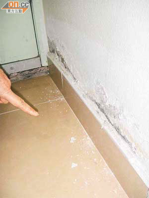 受長期滲水影響，牆腳批盪剝落及有鹽花積聚。
