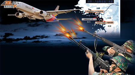 南韓兩名哨兵，對一架飛越南北韓邊境上空的韓亞客機，亂槍掃射十分鐘。（設計圖片）