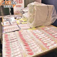 警方展示檢獲的百元偽鈔及印製工具。	（李健瑜攝）