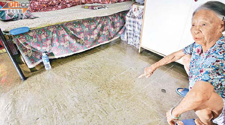 社區中心樓上住戶朱婆婆的地板，因樓下冷氣導致地板有水氣及積水容易跣倒。
