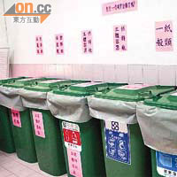 台北大湖公園家的資源回收站內，回收桶繁多，由廢紙、鋁罐，到立體膠樽。（陳詠恩攝）