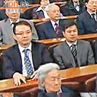 王征（中排左一）昨與江澤民同場出席辛亥革命百周年大會。	（電視畫面）