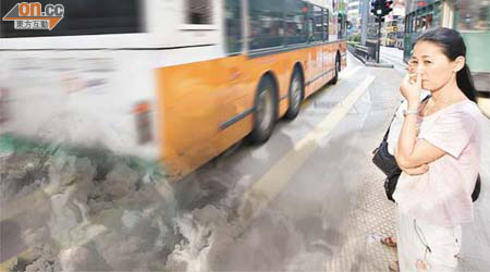 巴士排放的二氧化氮在繁忙時段佔總量約四成，市民行經路邊均掩鼻而過。	（設計圖片）