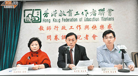 教聯會副主席胡少偉（中）表示，教師壓力高企，促請教育局盡快落實「一校一行政」。