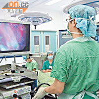 外科醫生進行無創內鏡機械人手術時，只需遙距操控手術儀器的鉗子，並透過螢幕觀察內鏡的影像。