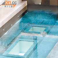 大宅游泳池設計刁鑽，可直接游入屋內的廚房。