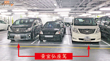 在二月十五日，立法會議員黃宜弘兩部以公司持有的座駕，同時停泊在大樓的停車場。
