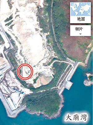 將軍澳佛堂澳預留建海水化淡廠的位置（紅圈示）。（Google地圖）
