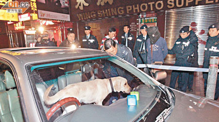 被捕男子由警員押到車旁，緝毒犬則搜查車廂。（吳建明攝）