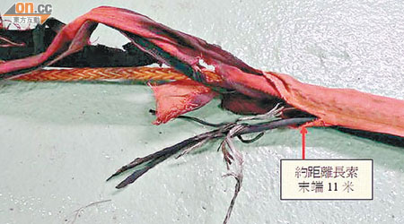 出事直升機所用的長索末端尼龍布損毀嚴重。