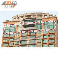 新地執行董事陳鉅源的住所位於第六座三十八樓（紅框位置），該區地產經紀指三十八及三十九樓屬兩層相連的特色單位。