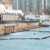 警方估計旅行篋（點示）被人拋落海，被隔油網阻隔，再由泳客拖上岸（箭嘴示）。