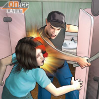 冷血扑頭示意圖<br>女演奏家步出廁格，即被兇徒用金屬棒扑頭重創。