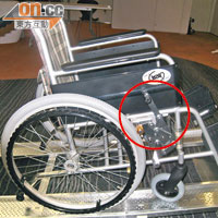 「雙重制動器」（圓圈示）避免輪椅急速倒溜或衝前。
