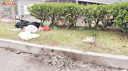 車禍現場路旁遺下香燭等祭品。（許錦雄攝）