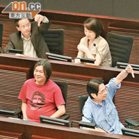 護曾群丑<BR>在內務委員會，建制派議員葉國謙（左上）及黃國健（右下）示意黨友反對討論貪曾的動議。