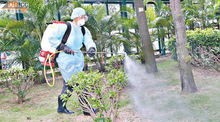 噴灑蚊藥<BR>穿上全套衞生防護裝備的工人在邨內全面噴灑滅蚊藥滅蚊。（何天成攝）
