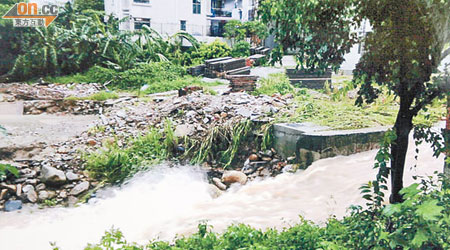 河道於早前暴雨期間氾濫，居民擔心對安全構成威脅。（讀者提供）