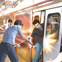 2.賊人衝入列車時被車門夾住，被追至的途人拍甩生果刀