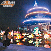 大埔海濱廣場綵燈會有不少花燈在水池浮現。
