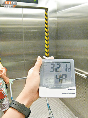 西鐵天水圍站升降機內錄得三十二度高溫，比室外高出三度。