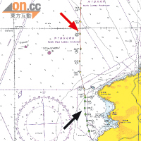 Captain Pryke在報告中，利用圖表重塑海泰號（紅線）及南丫IV（黑線）的航道。