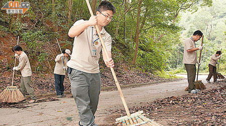 蕭福強帶領義工護理郊野公園，將落在石屎林道上的樹葉掃回泥地上。