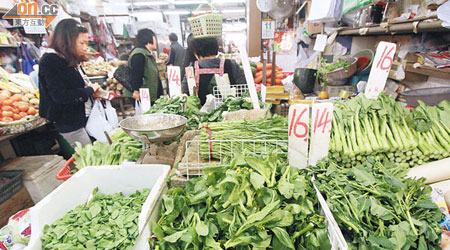 受內地供港蔬菜減少影響，本港近日菜價急升，市民買餸傷透腦筋。（何天成攝）